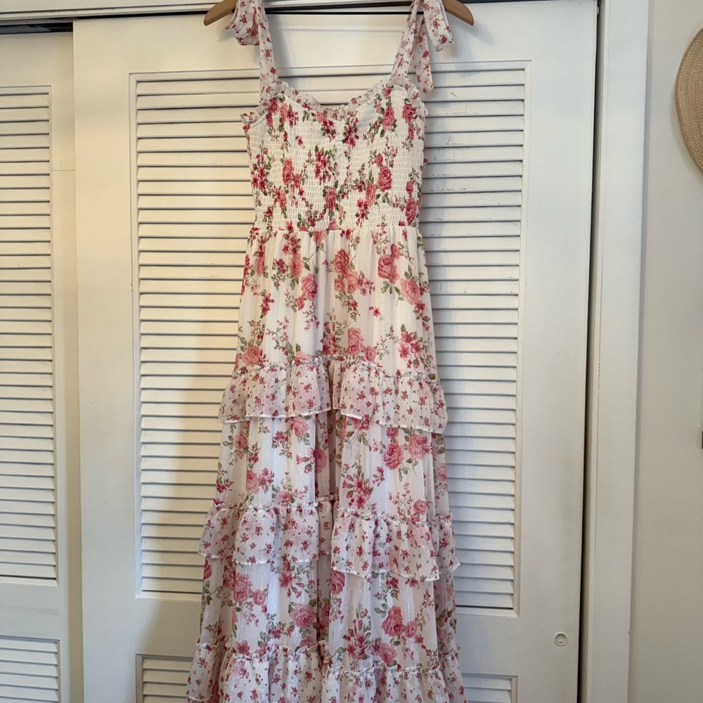 Altar'd State White Maxi Dress with Pink Rose Print